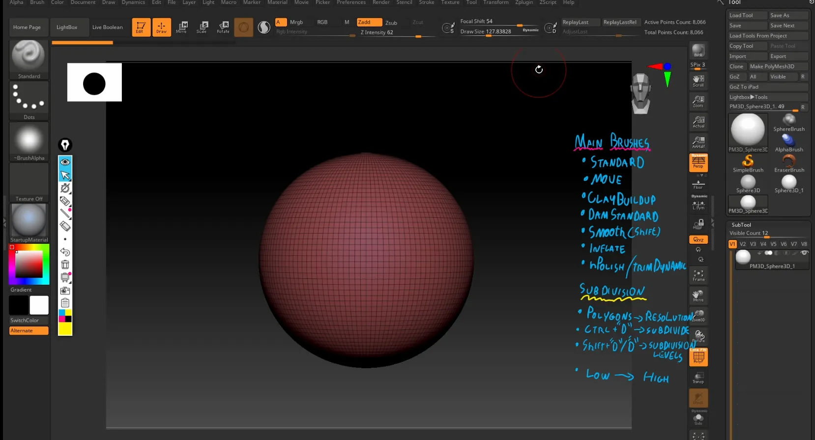 ZBrush lesson with live annotations: main brushes and subdivision