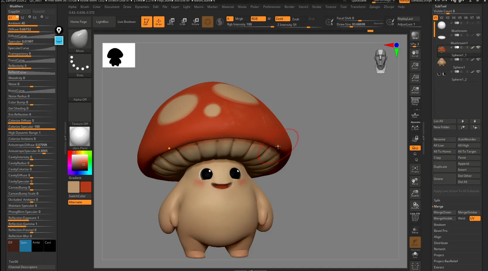 Blocking the mushroom character in ZBrush