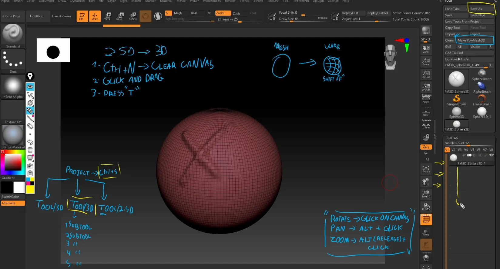 ZBrush lesson with live annotations: from 2.5D canvas to 3D mesh