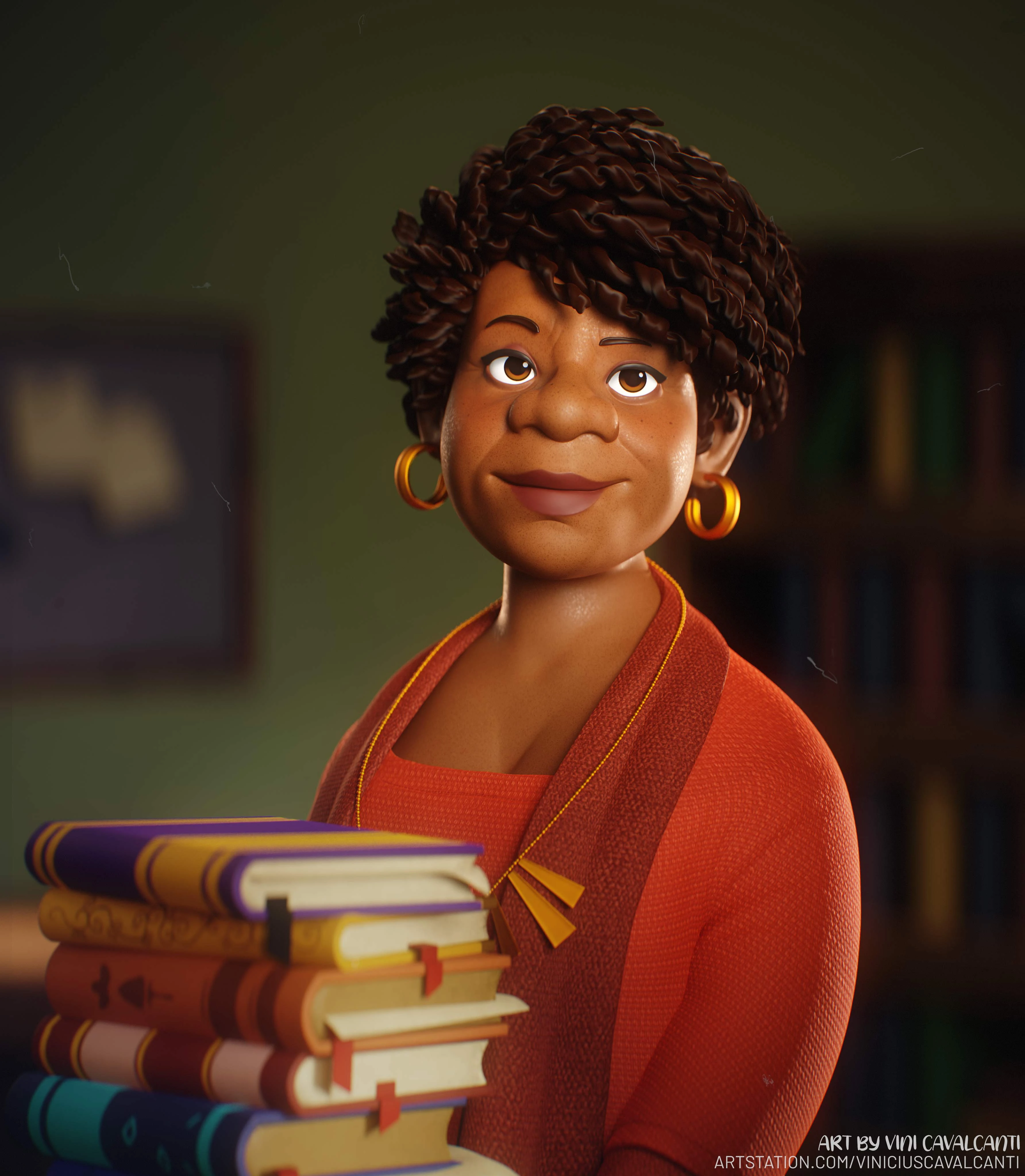Stylized 3D character with a stack of books, created by Vini Cavalcanti