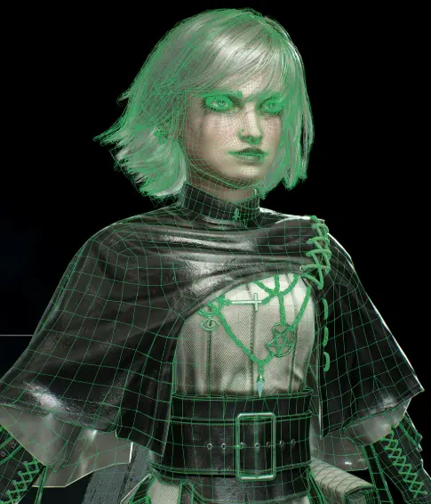 Character face with retopology wireframe