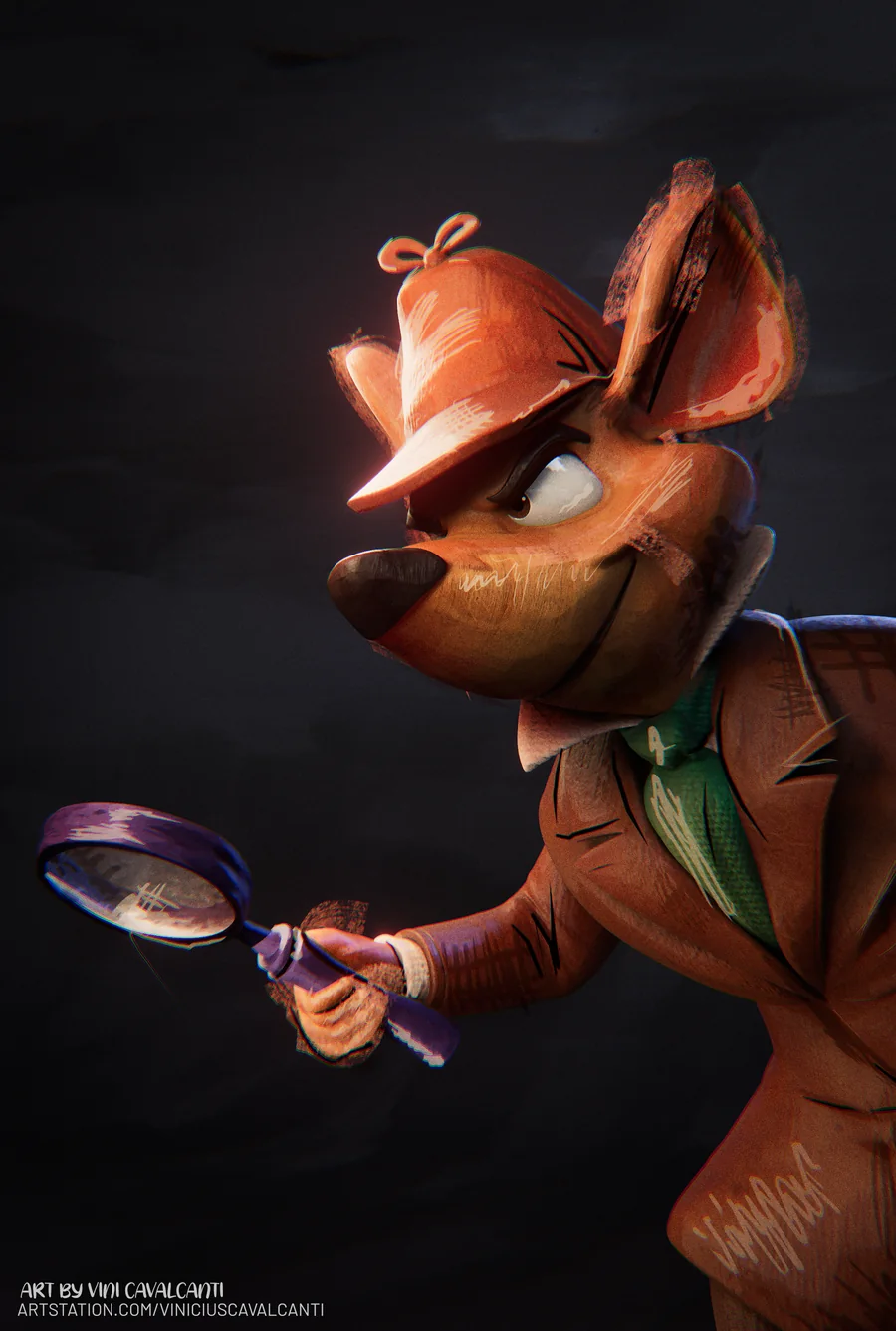Close-up of the stylized detective mouse character, by Vini Cavalcanti