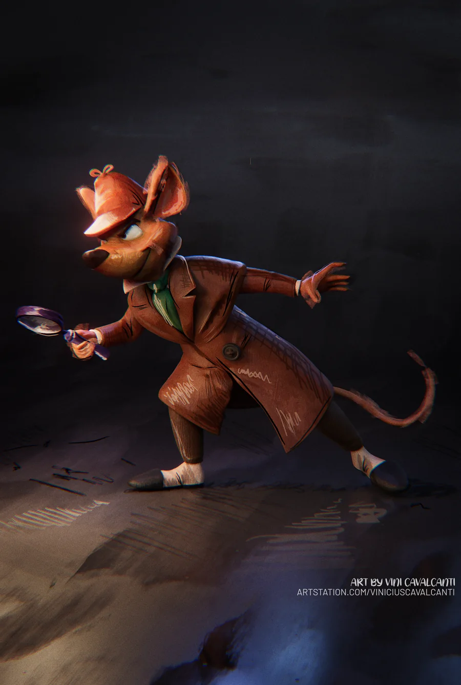 Stylized detective mouse in a trench coat holding a magnifying glass, by Vini Cavalcanti